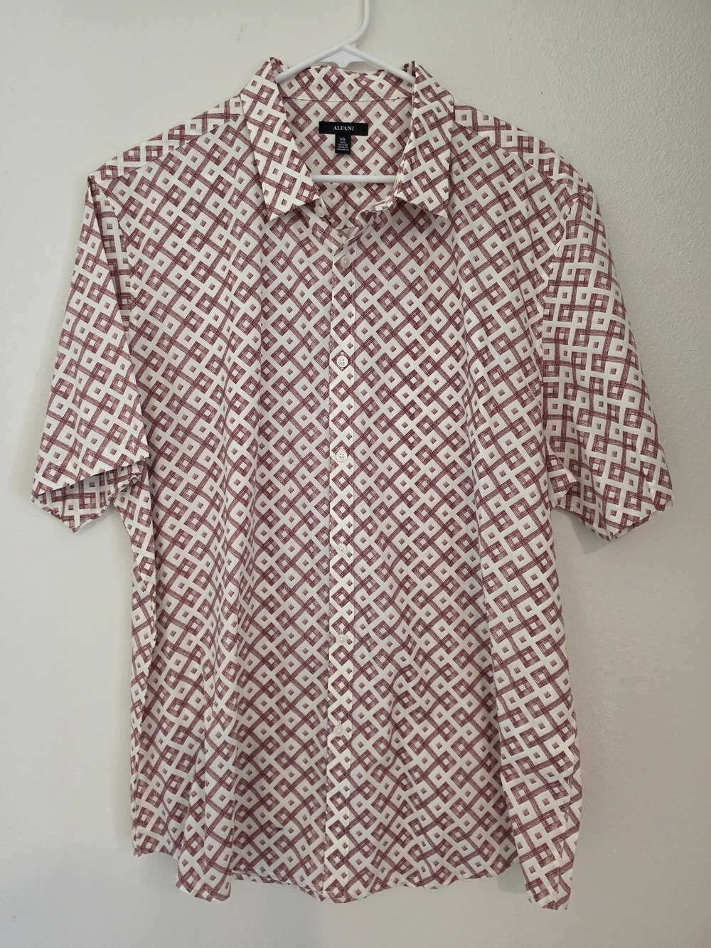 Alfani Men’s Short-Sleeve Diamond Print Shirt - White & Maroon